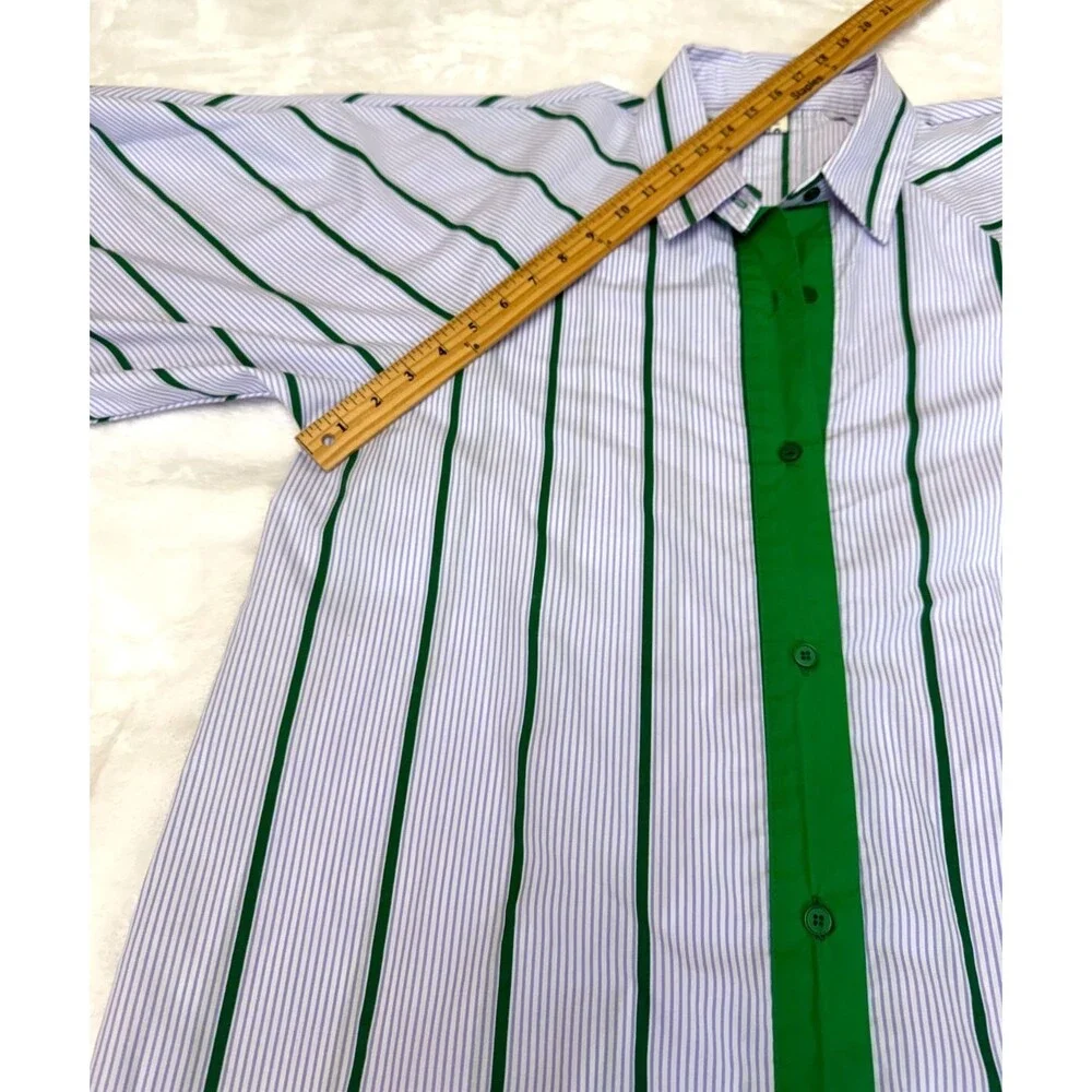 FLICKA Korea Stripe Shirt Dress Green Lavender White Balloon Sleeve Oversized OS